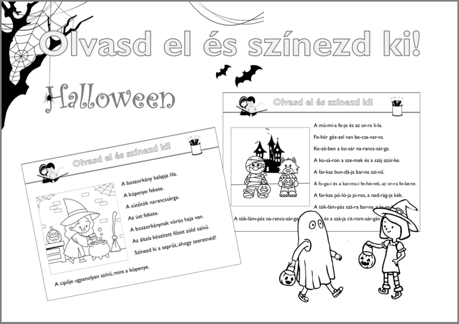 Olvasd el és színezd ki Halloween nyomtatható olvasásfejlesztő feladatlap gyerekeknek